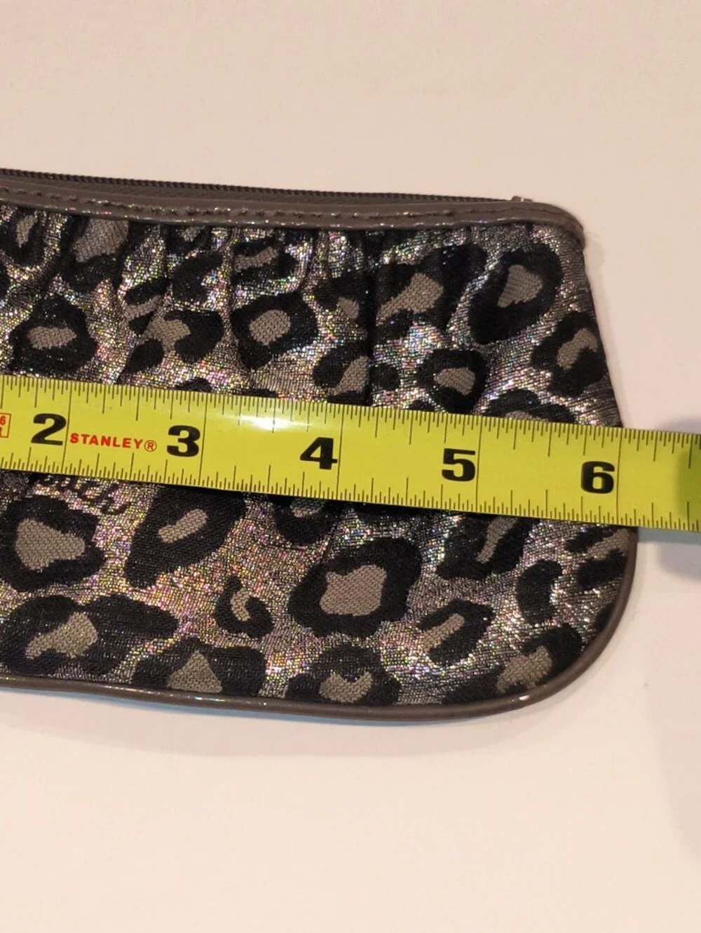 Coach Metallic Ocelot Leopard Print Mini Wristlet Pouch Silver Grey